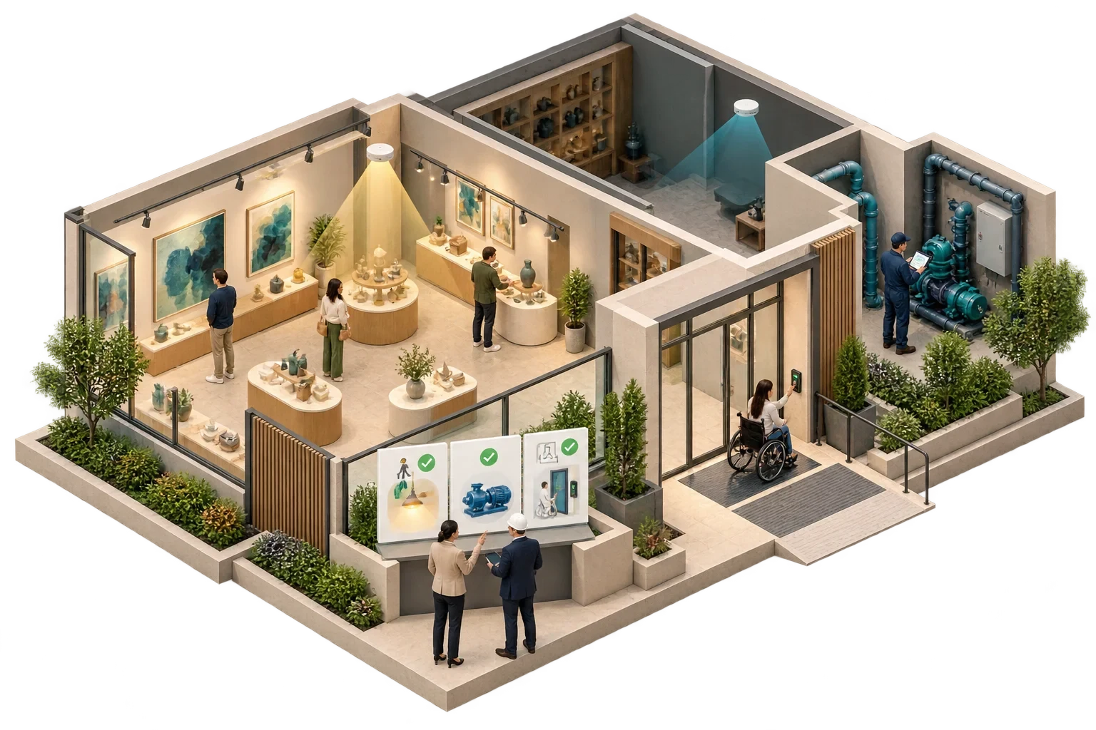 Illustrazione isometrica concettuale: Smart building interventions in action-1, non un diagramma tecnico verificato.
