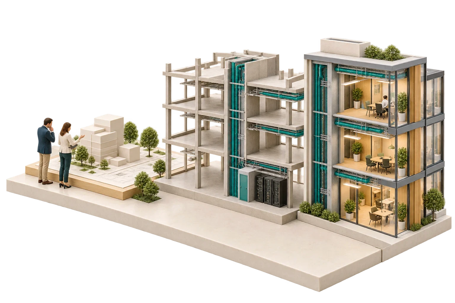 Conceptual isometric illustration: From model to smart building-2, not a verified engineering diagram.