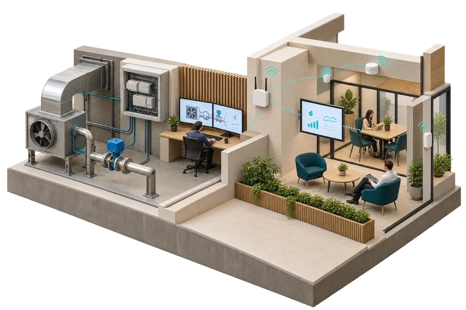 Conceptual isometric illustration: Building controls and IoT sensor network-1, not a verified engineering diagram.