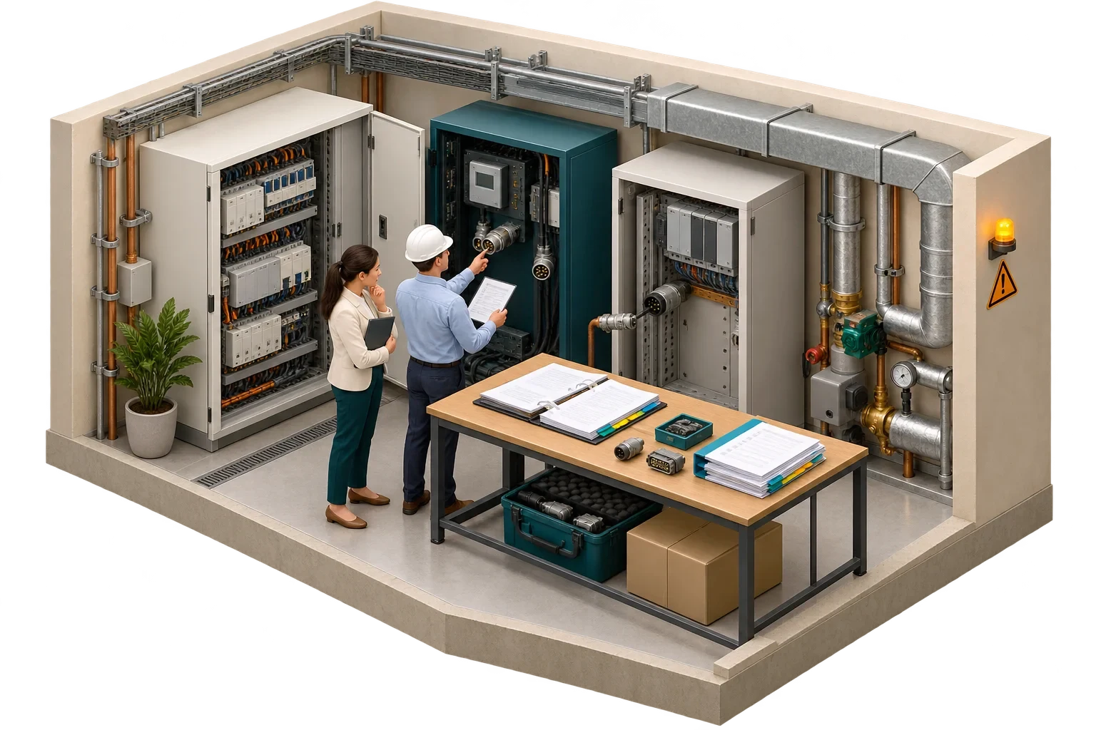 Conceptual isometric illustration: Integration gaps before handover, not a verified engineering diagram.