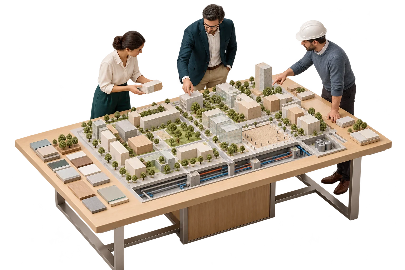 Conceptual isometric illustration: Smart district masterplan review, not a verified engineering diagram.