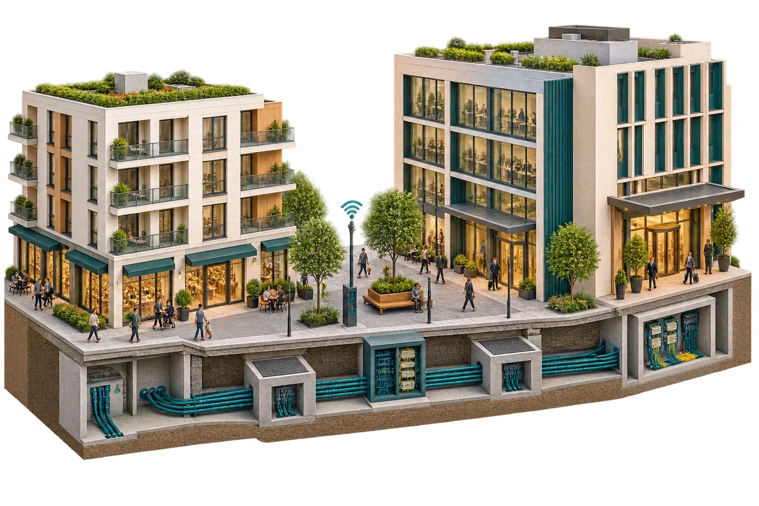 Conceptual isometric illustration: Fibre-ready mixed-use street section-1, not a verified engineering diagram.
