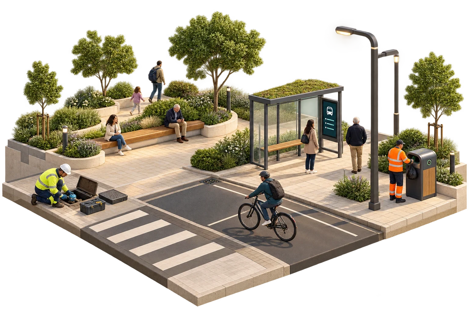 Conceptual isometric illustration: Smart civic street with practical services-2, not a verified engineering diagram.