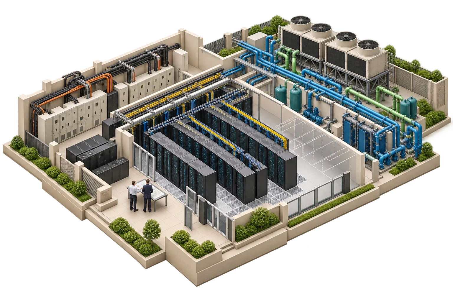 Conceptual data centre cutaway with power, cooling and reserved expansion space for capacity planning.