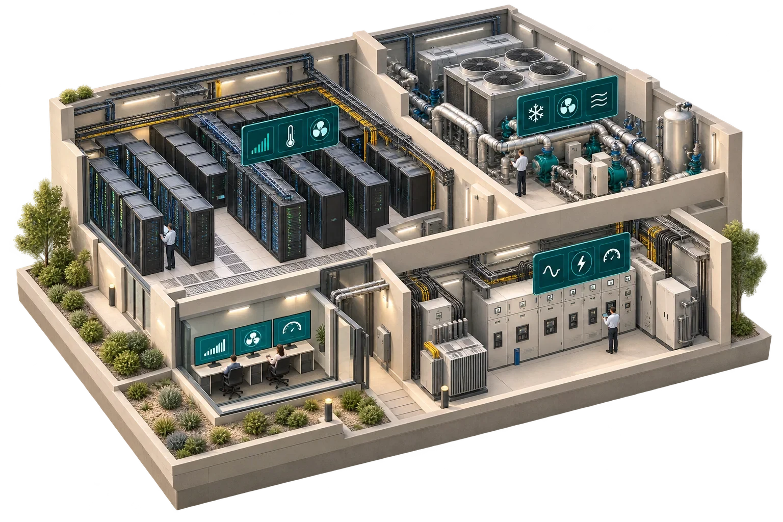 Conceptual data centre cutaway with separate monitoring zones for IT capacity, building plant and electrical power.