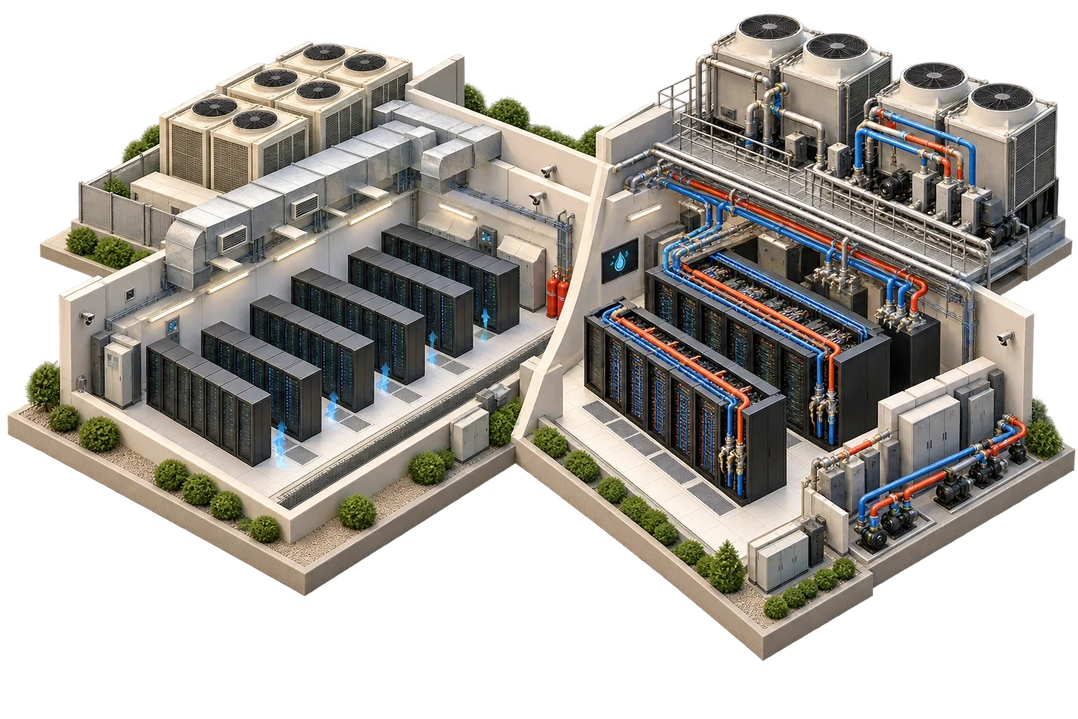 Conceptual comparison of a traditional air-cooled data hall and a denser GPU hall with stronger power and liquid cooling.