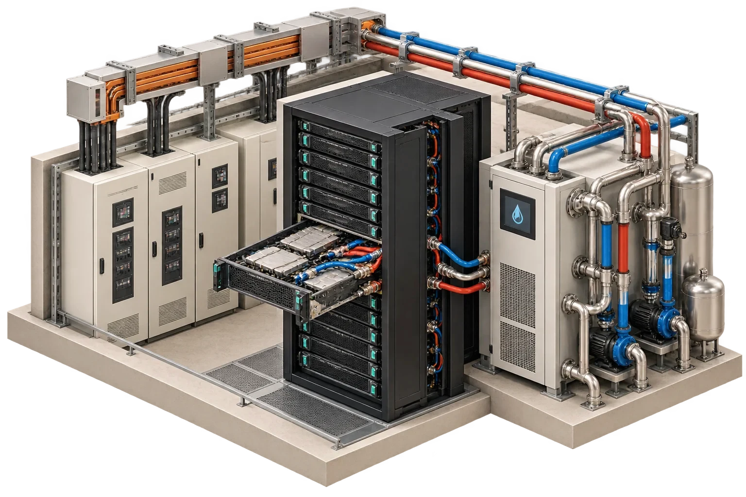 Sezione concettuale di rack GPU con distribuzione elettrica e circuiti di refrigerante.