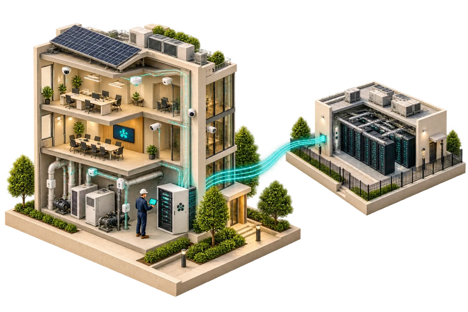Conceptual smart building with local edge processing linked to a distant data centre for centralized workloads.