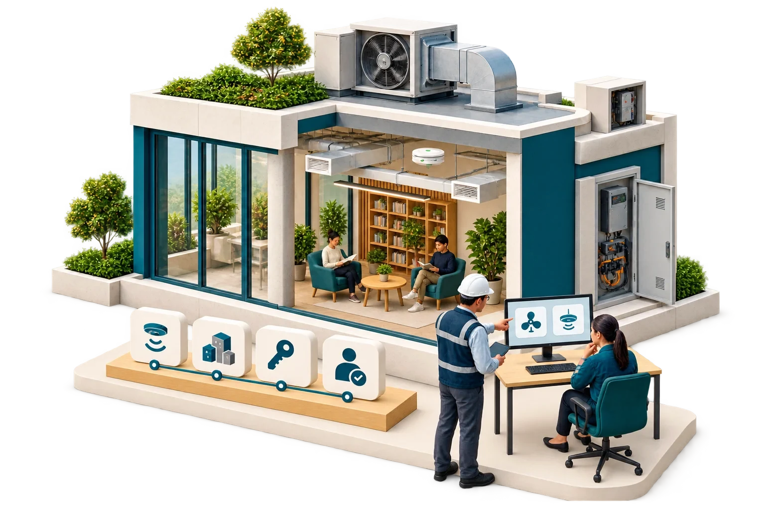Conceptual isometric illustration: AI readiness lab with library and sensors-11, not a verified engineering diagram.
