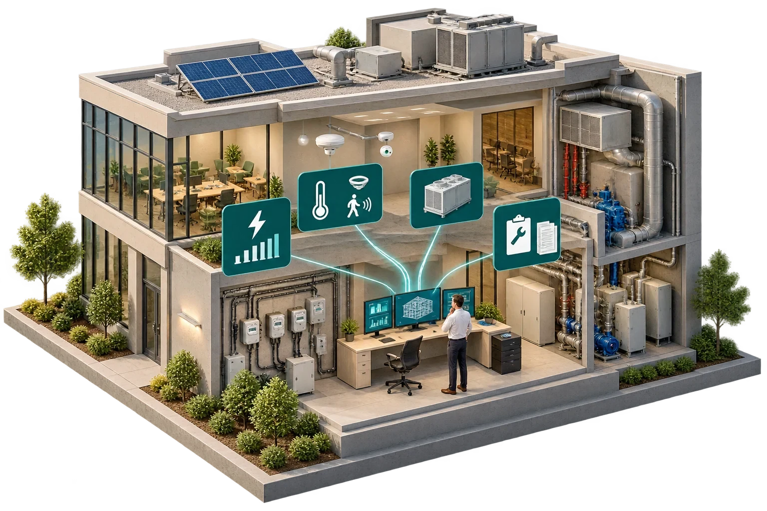 Conceptual building operations review of meters, sensors, asset records and maintenance history before using AI.