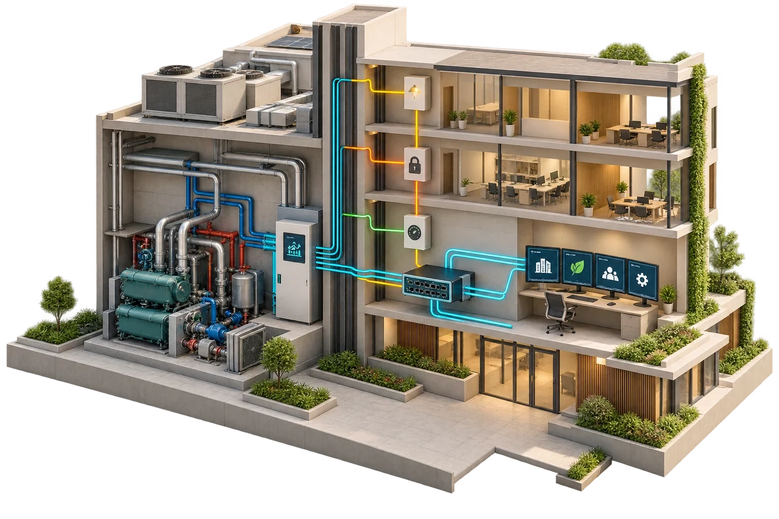 Conceptual building cutaway separating BMS plant control from a neutral data layer serving multiple applications.