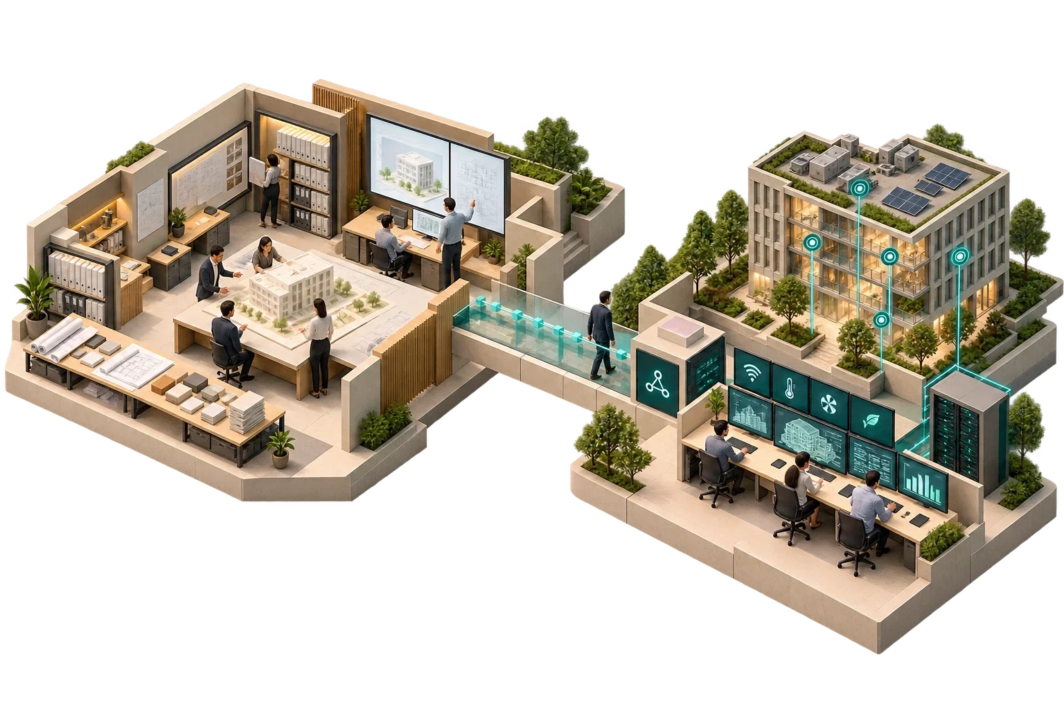 Conceptual adjacent workspaces for project design data and operational building data with a lifecycle bridge.