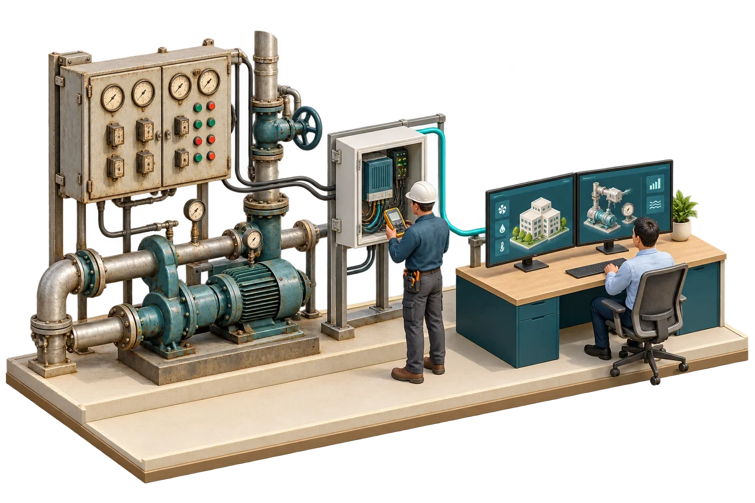Conceptual isometric illustration: Bridging Legacy Controls to Modern Operations-5, not a verified engineering diagram.