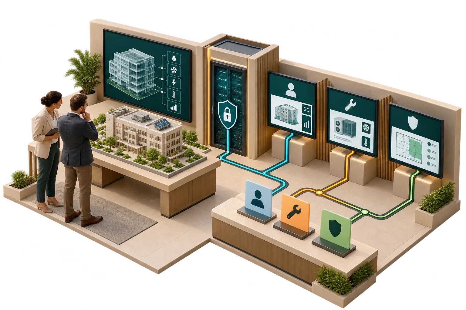 Conceptual operations room where the owner governs building data access for different roles.