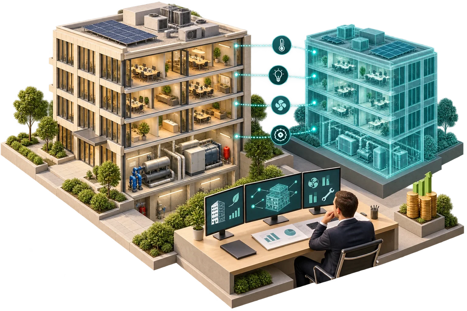Conceptual occupied building beside a live digital counterpart linked through sensors for operational use cases.