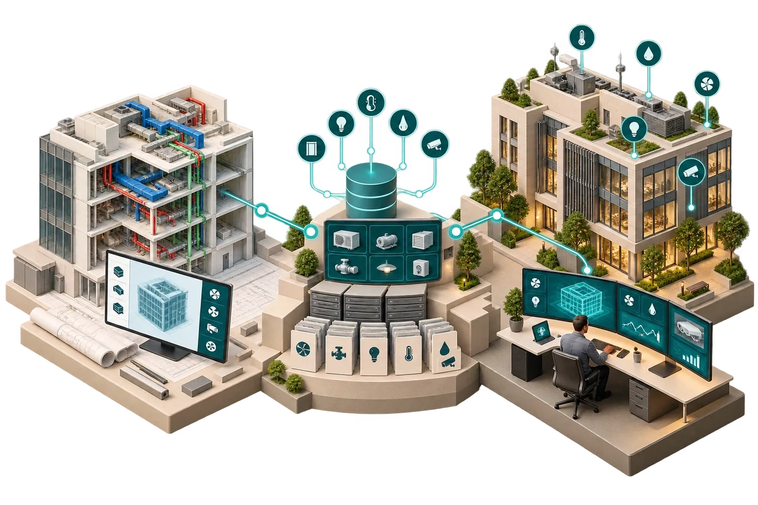 Conceptual three-stage path from coordinated BIM through asset registration to an operational digital twin.