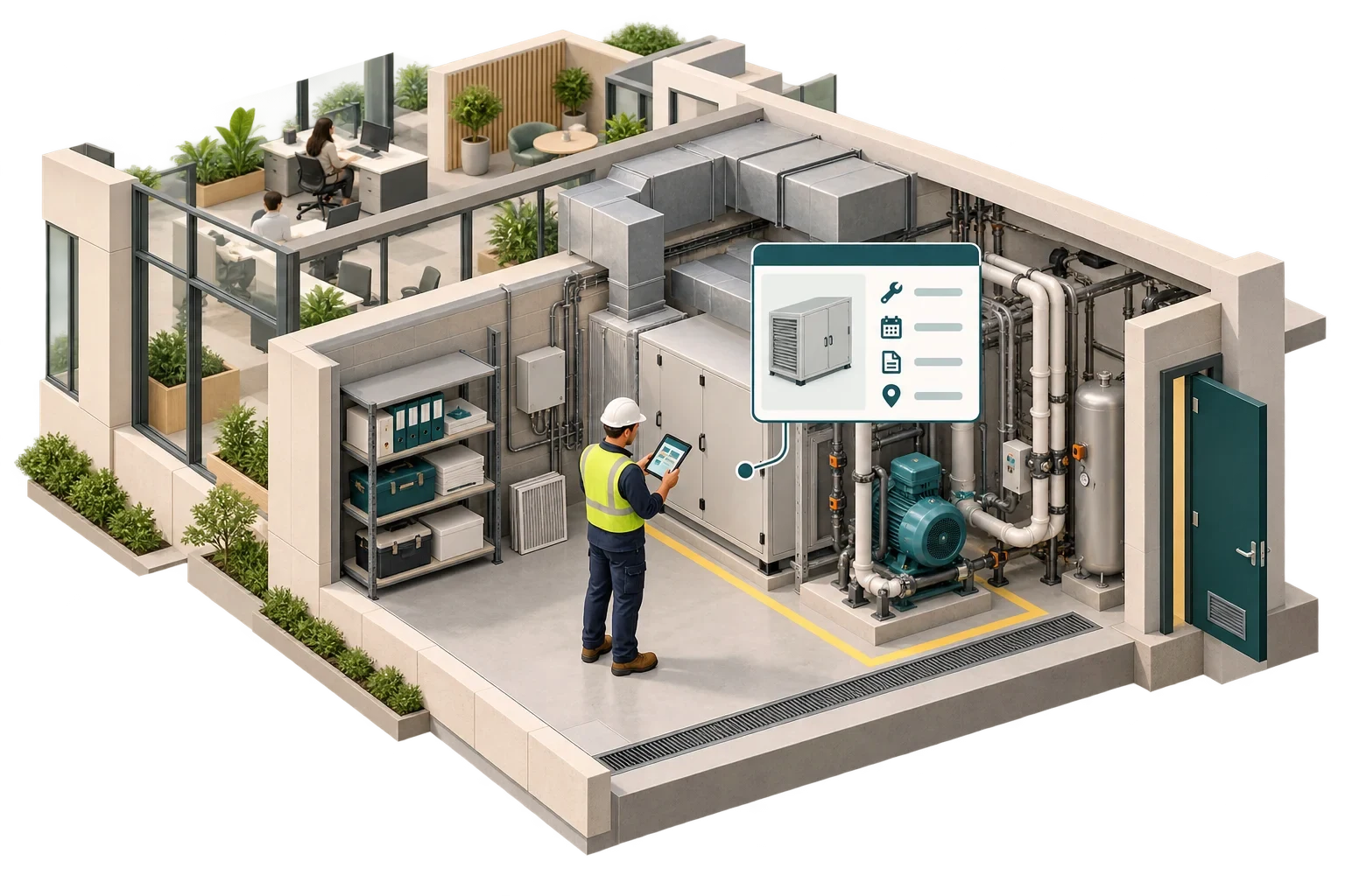 Facility manager concettuale che abbina impianto a informazioni manutentive utili in sito.