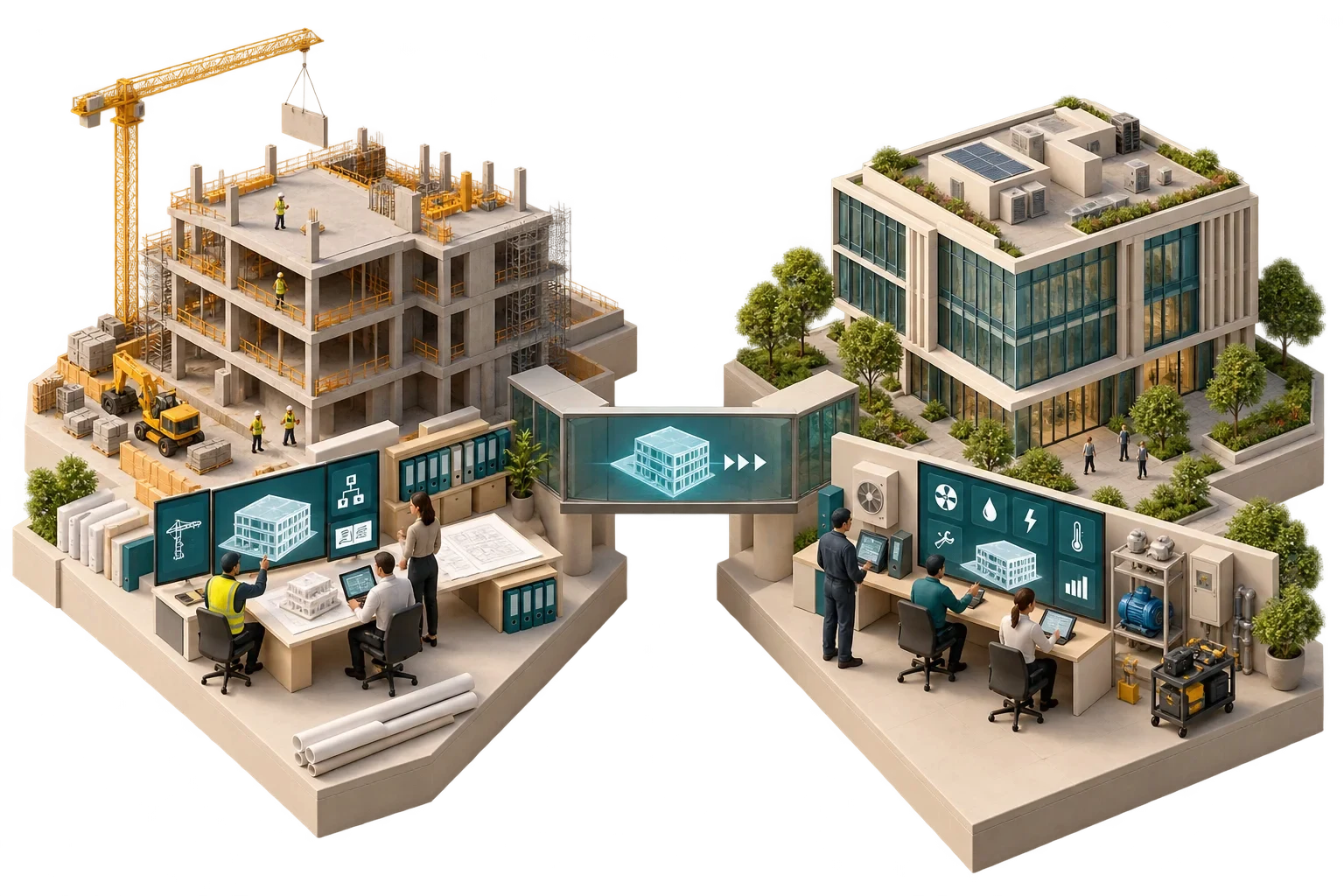 Conceptual handover from a project information workspace to an asset information workspace for the same building.