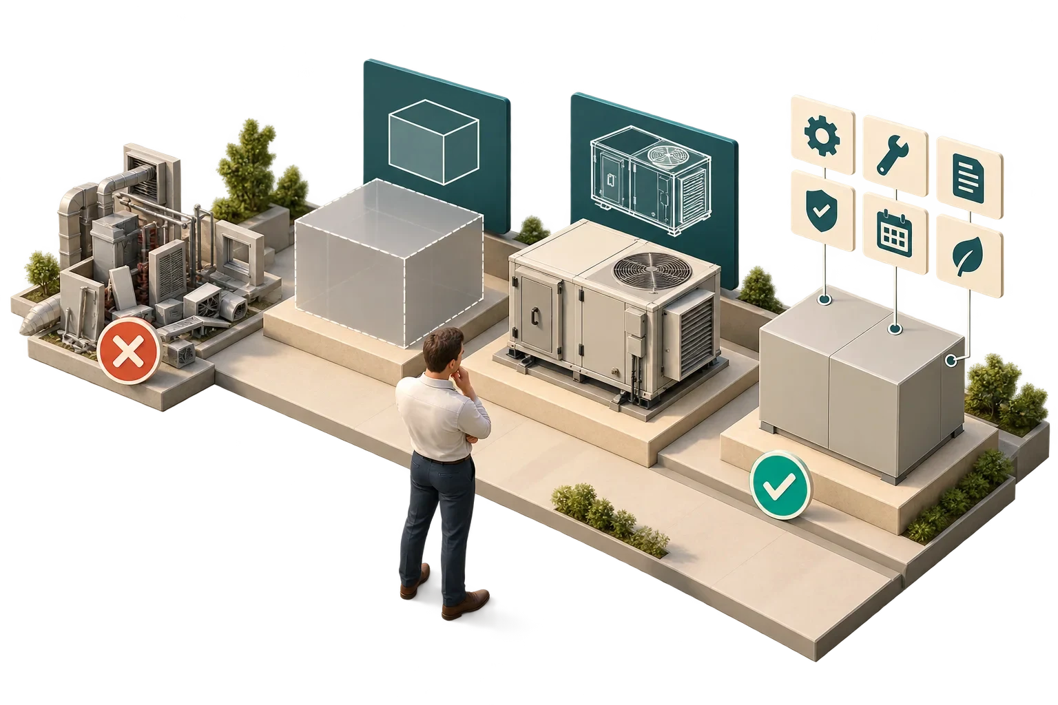 Conceptual choice of geometry detail versus decision-relevant asset information for one HVAC asset.
