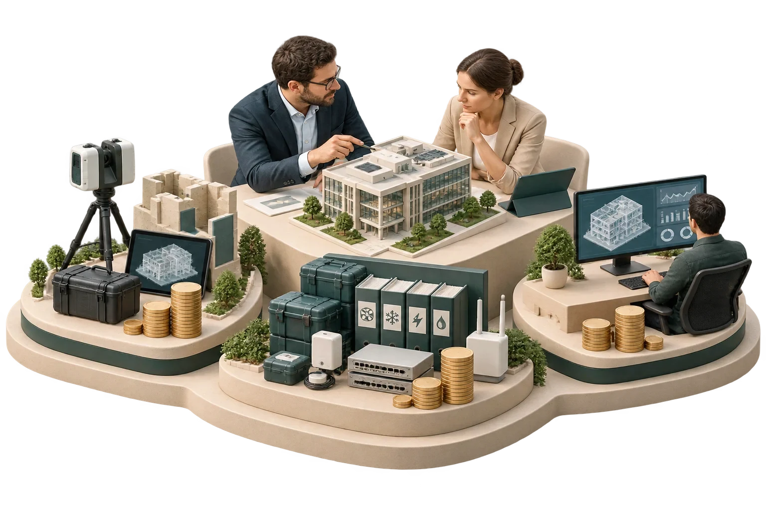 Conceptual cost planning scene for a building digital twin investment, not measured savings evidence.