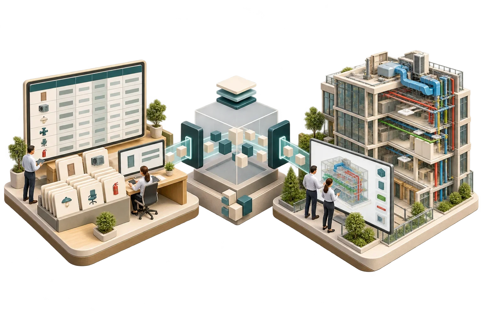 Conceptual three-view comparison of building information formats, not a normative standards diagram.