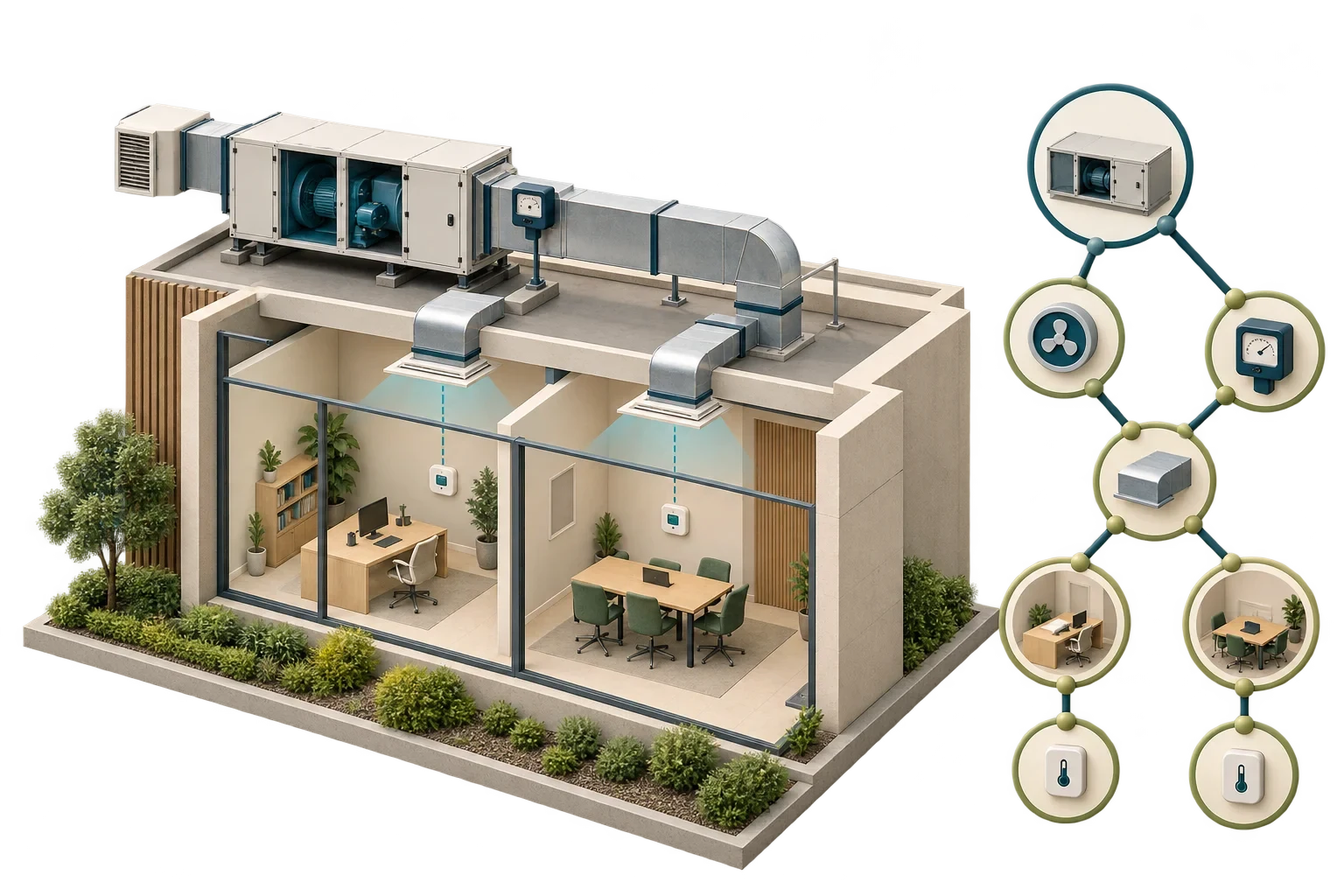 Conceptual smart building cutaway linking airflow paths and sensors, not a calibrated CFD result.