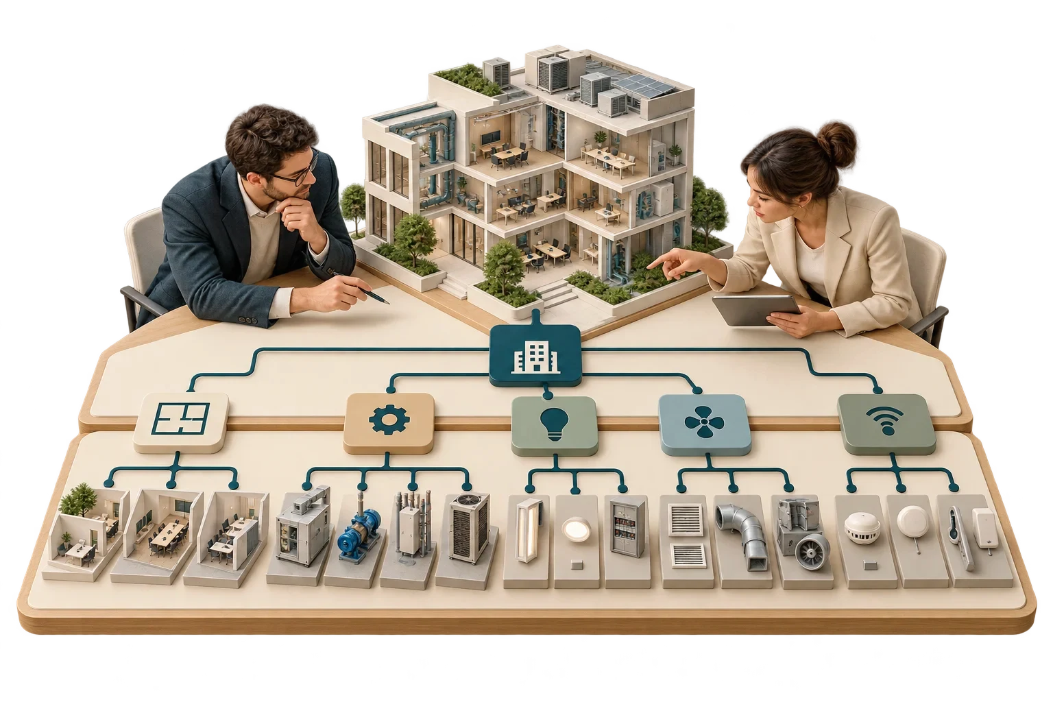 Conceptual miniature building ontology with linked equipment concepts, not a formal ontology graph.
