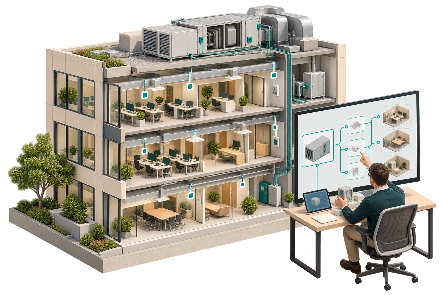 Conceptual office cutaway with sensor mapping to a model, not Google Digital Buildings product UI.