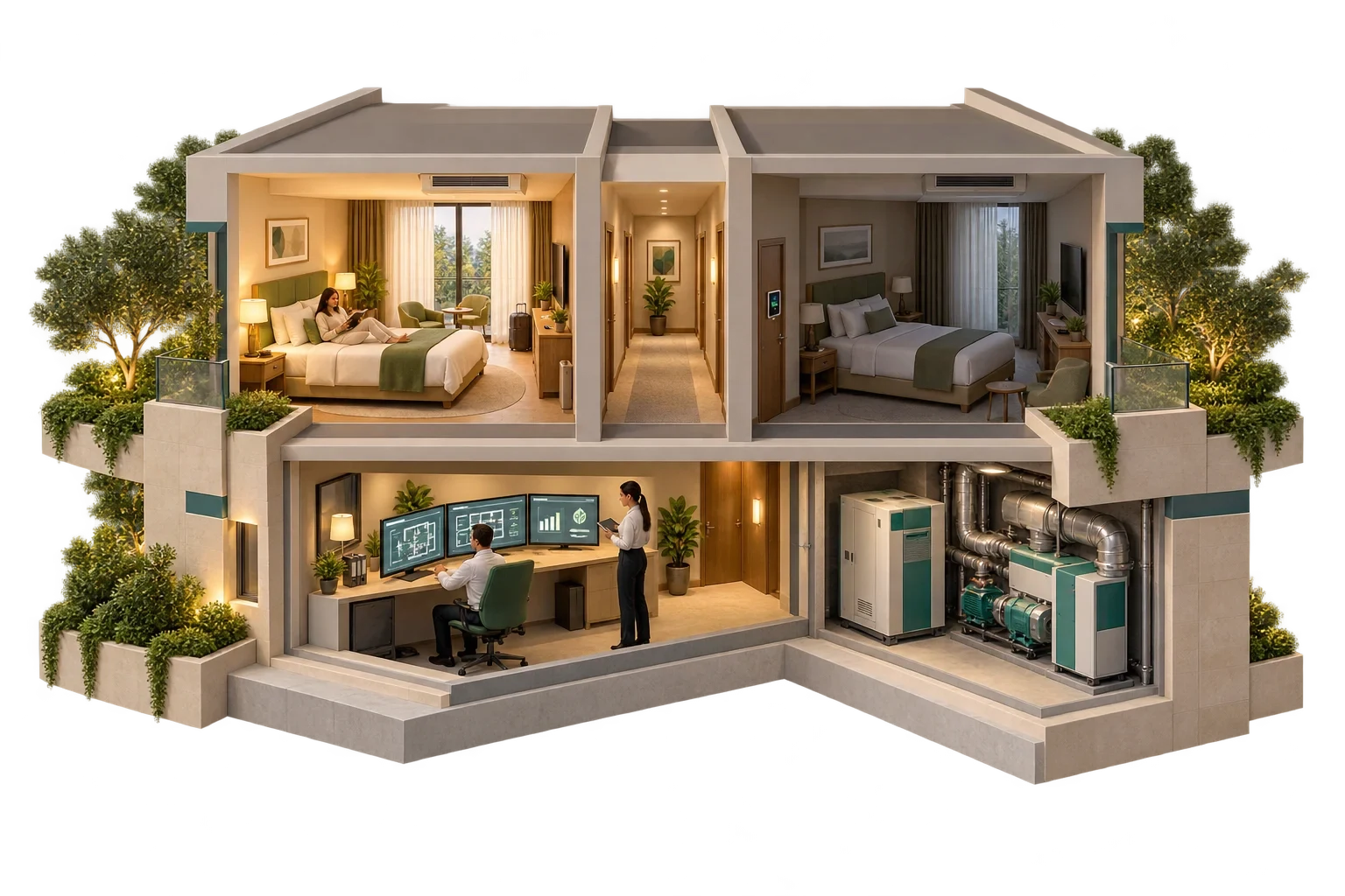 Conceptual comfortable guest rooms with smarter energy use in a hotel, not verified consumption data.
