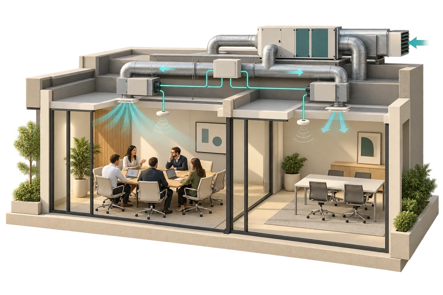 Conceptual occupancy-based HVAC control in two office zones, not live control logic or savings proof.