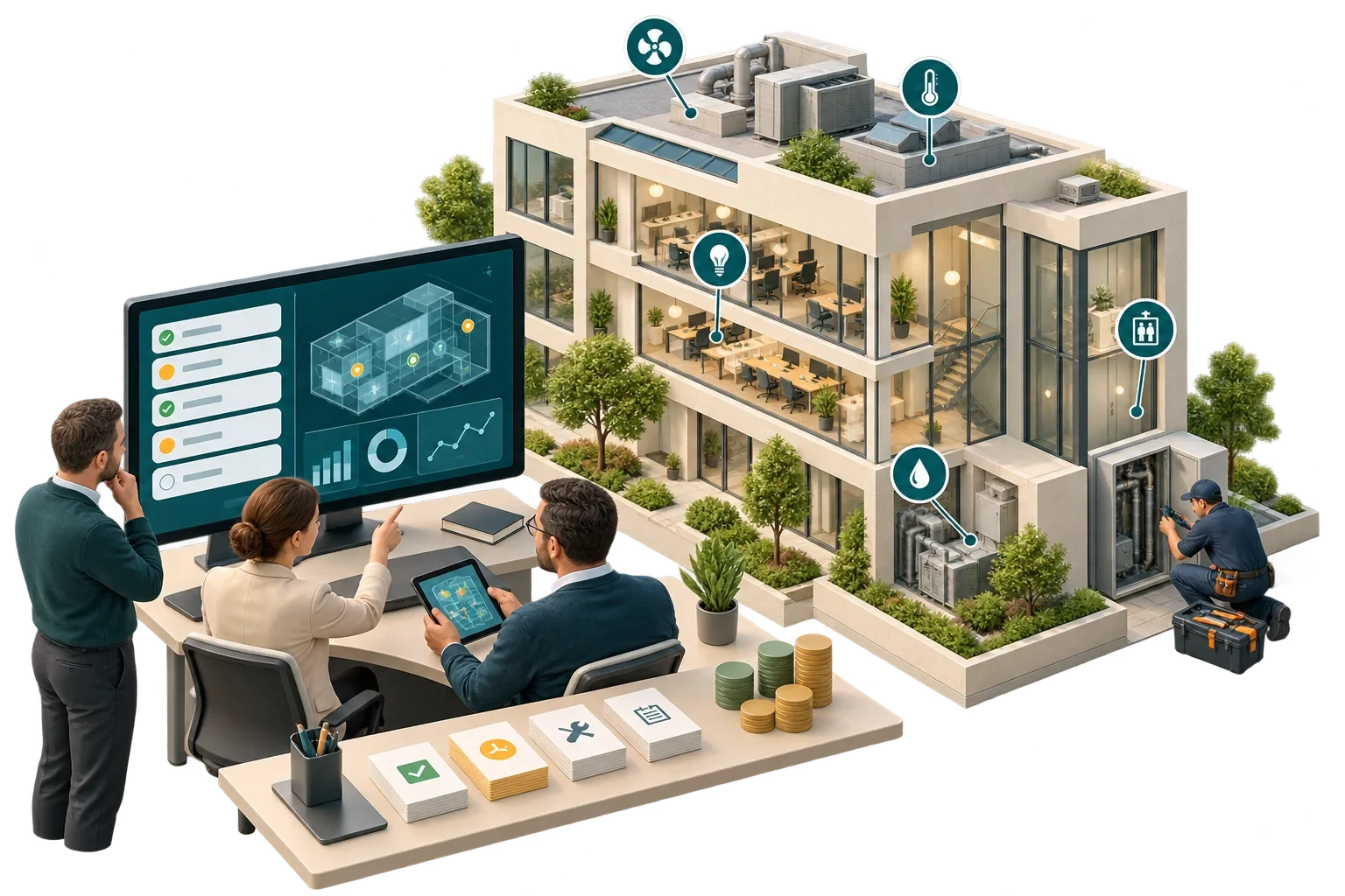 Pianificazione concettuale della manutenzione smart building a un desk operativo, non un export CMMS.