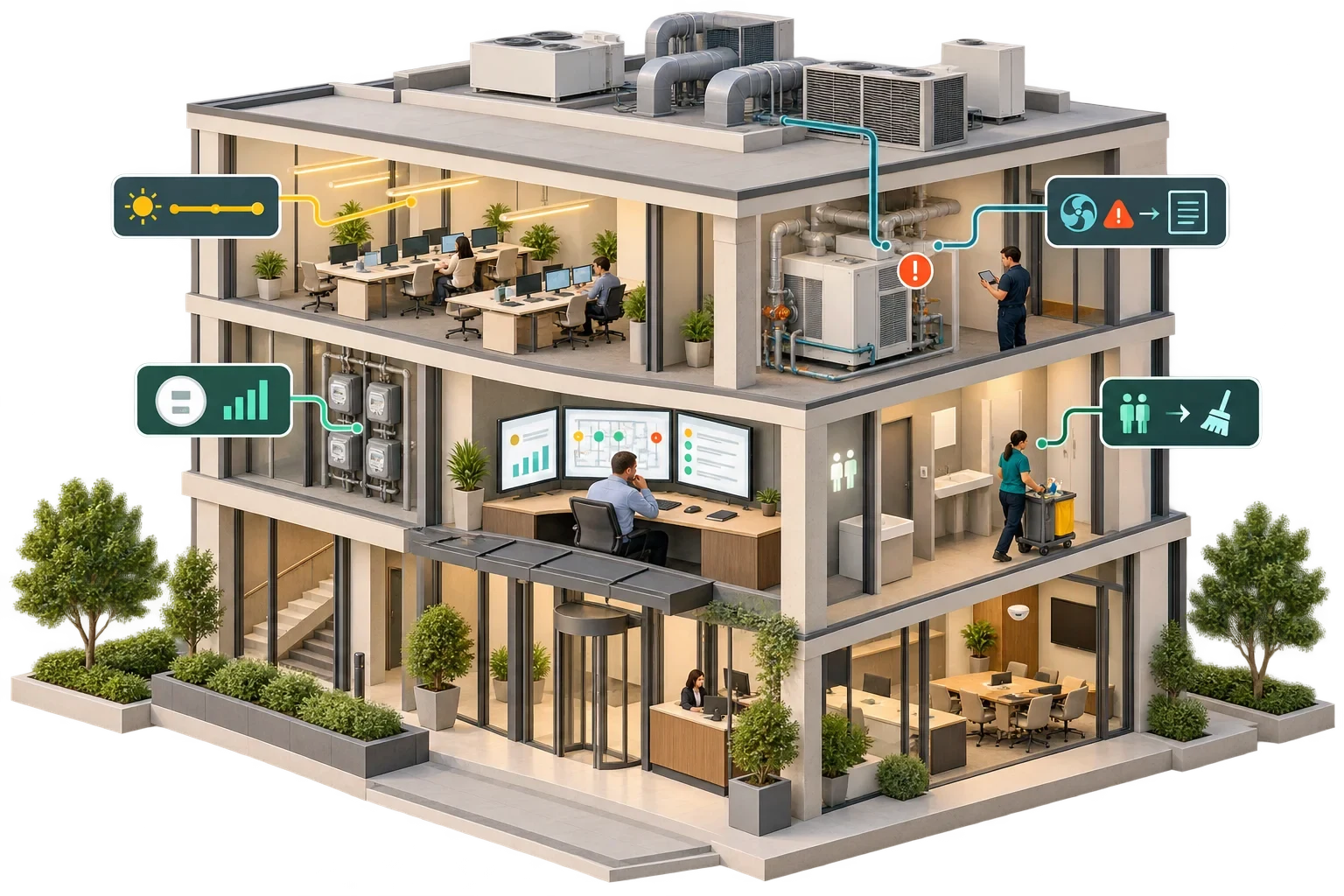 Flussi concettuali automatizzati di facility management tra team e sistemi, non un prodotto di automazione proprietario.
