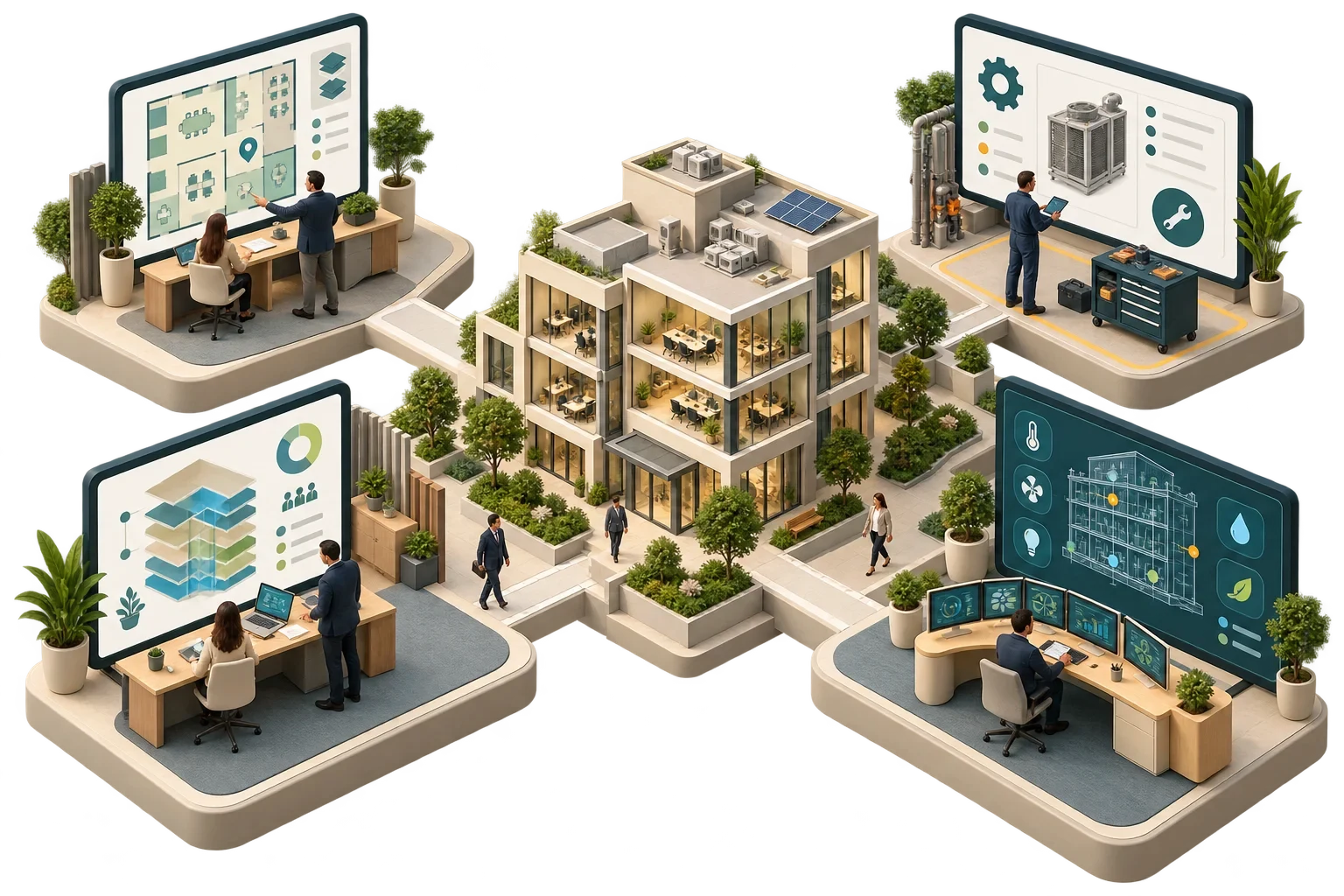 Quattro ruoli concettuali a postazione per CAFM, CMMS, IWMS e operazioni smart building, non marchi software.