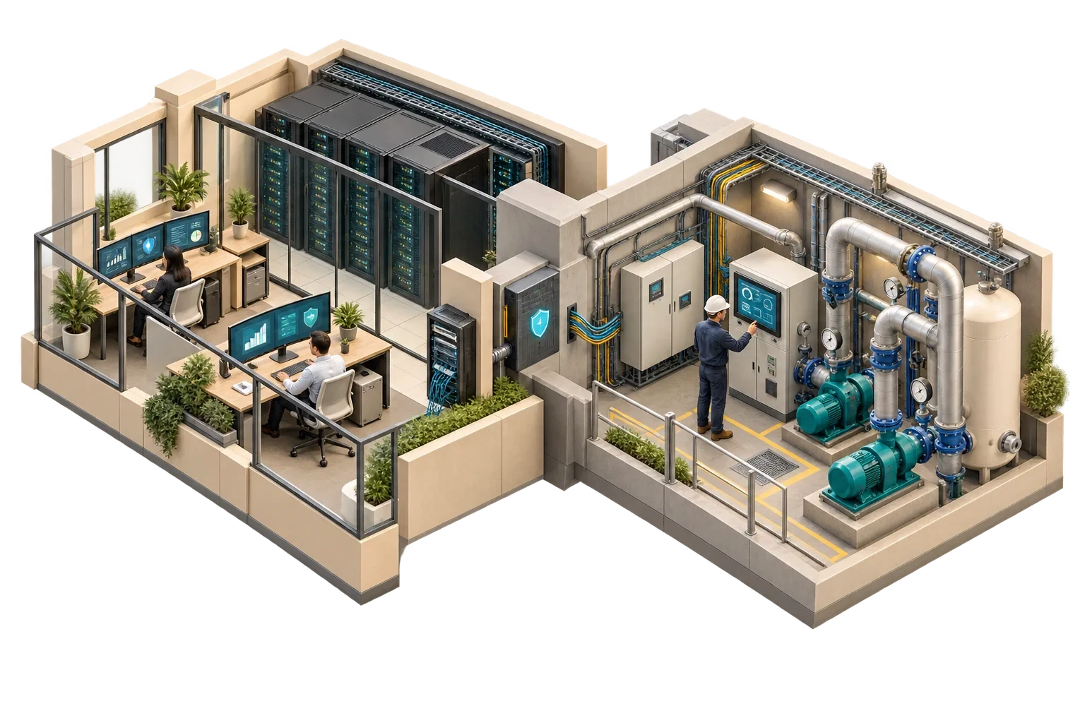 Separazione concettuale tra IT d’ufficio e tecnologie operative nello stesso edificio, non un design di rete verificato.