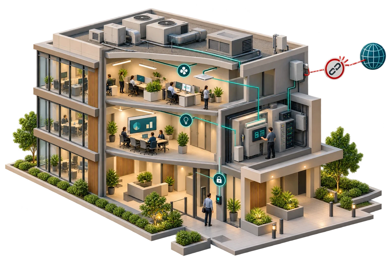 Conceptual building continuing local control when external internet link is interrupted, not a guarantee of all services.