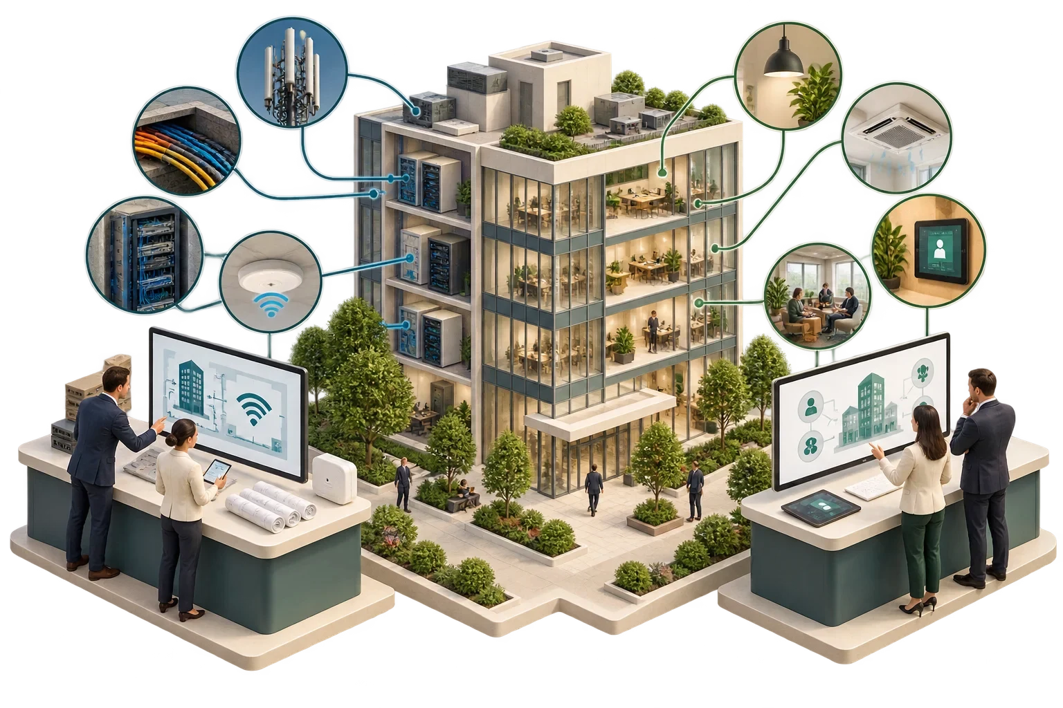 Conceptual comparison of connectivity versus connected-services assessments on the same building model, not official scores.