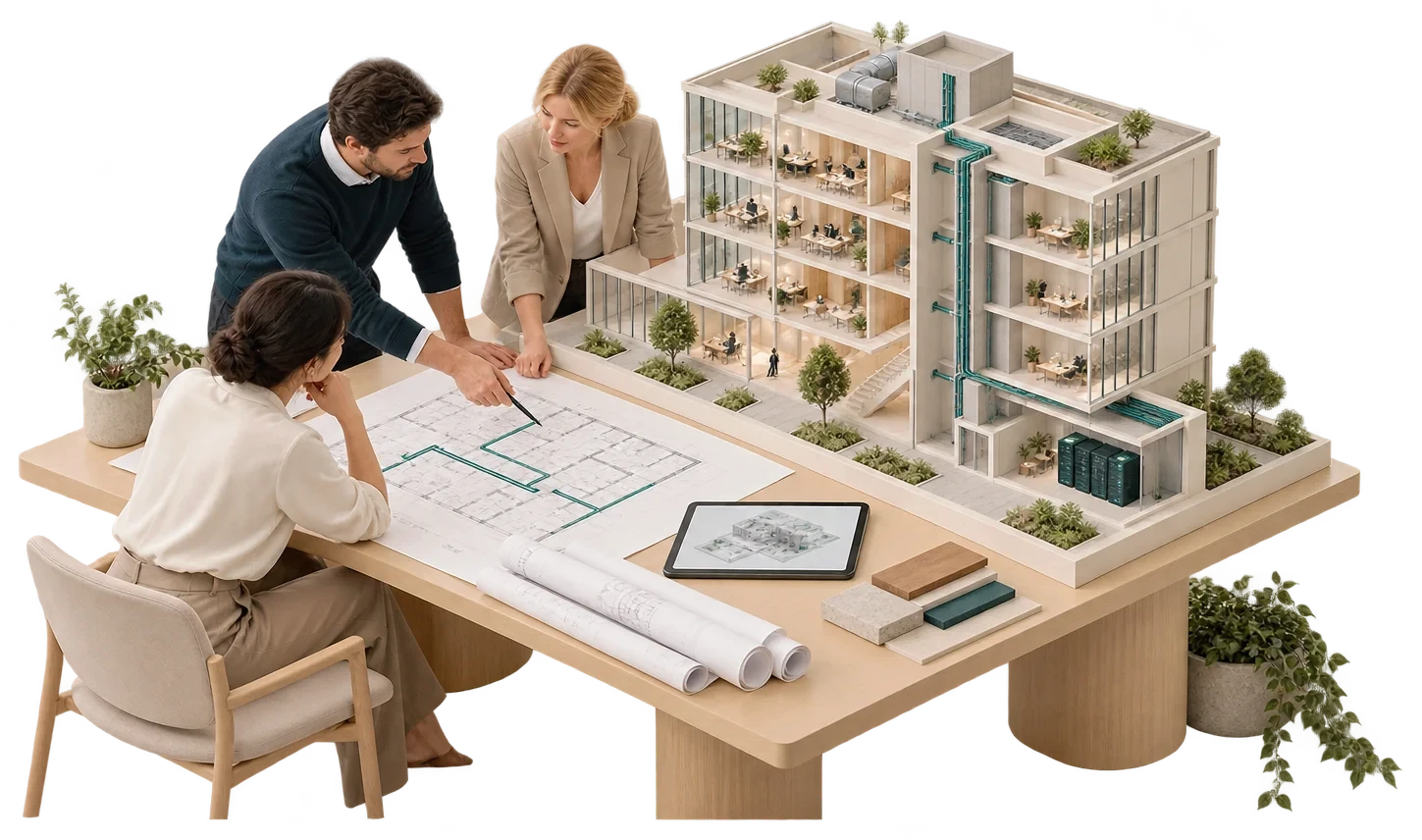 Architetti e un consulente coordinano i layout dell’edificio e l’infrastruttura digitale.