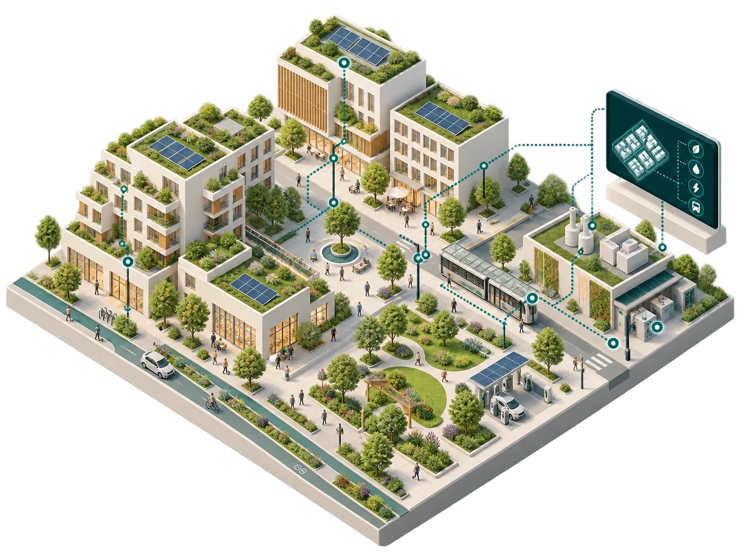 Un distretto di edifici che condividono servizi digitali, con una vista operativa comune.