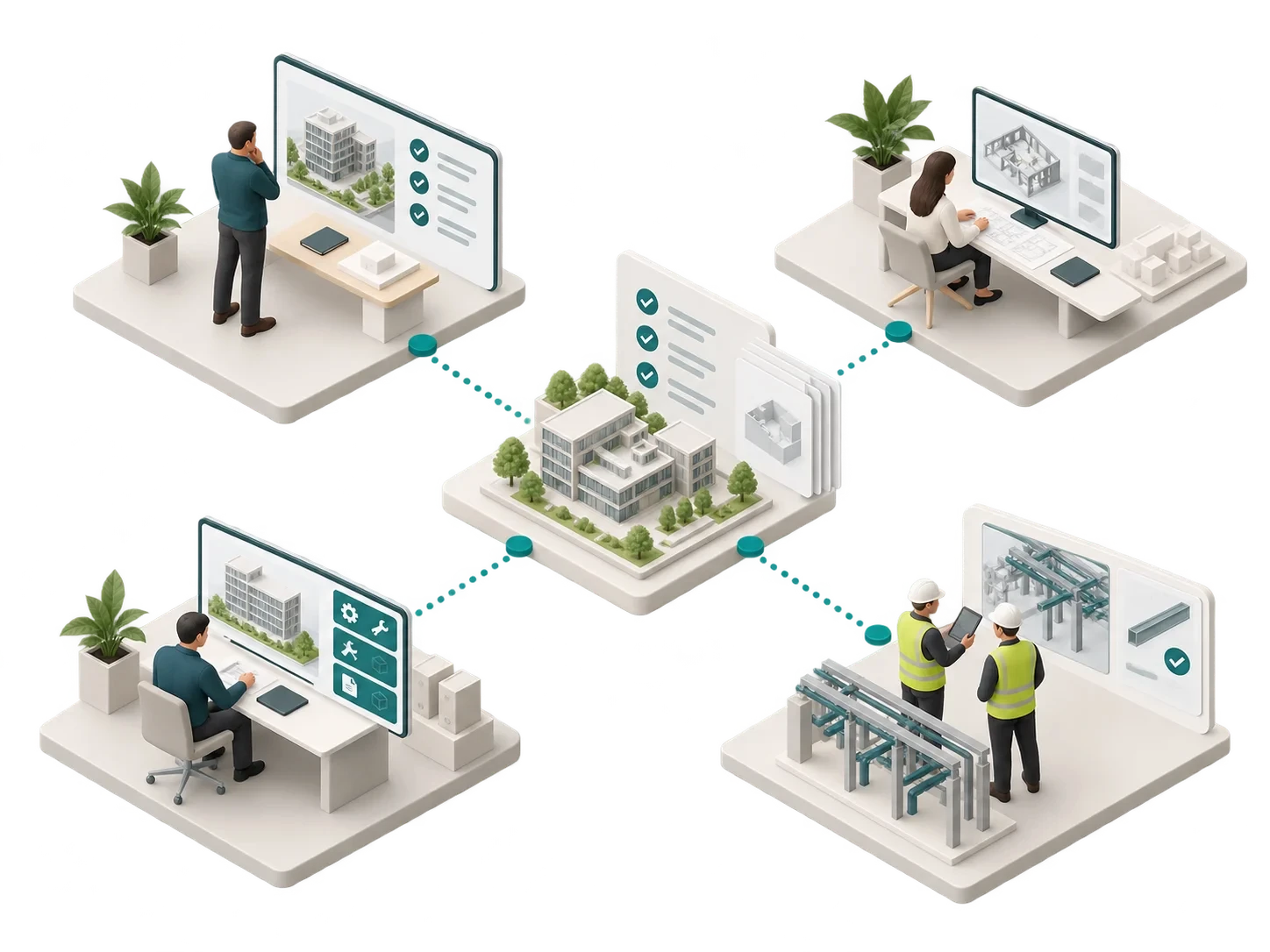 Cliente, progettista, consulente di sistemi e ruoli di cantiere coordinati intorno a un modello.